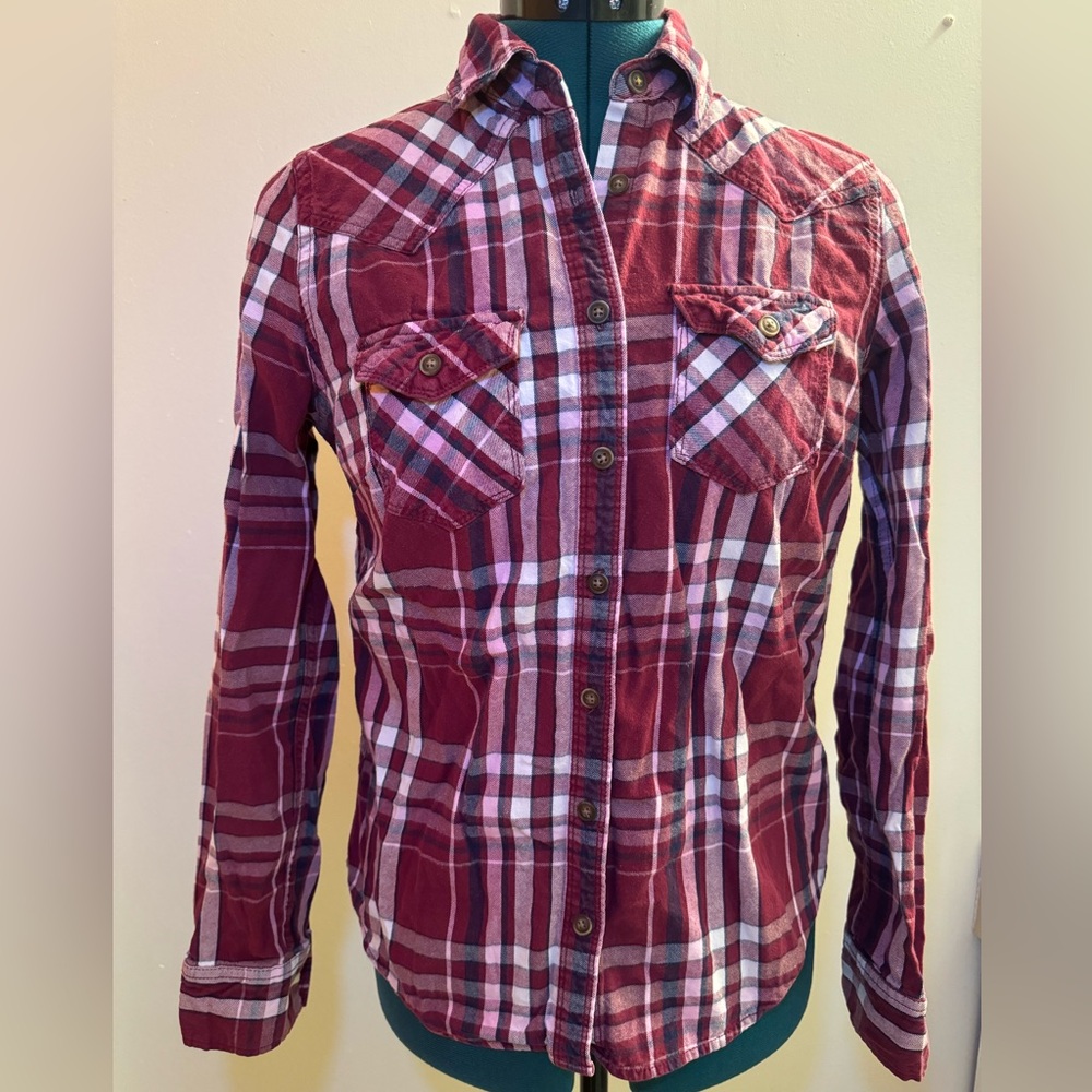 Burgundy, pink, blue and white Aéropostale size medium western style button up.
